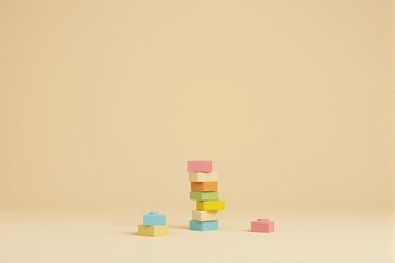 A set of colorful building blocks stacked neatly on a pastel taupe background