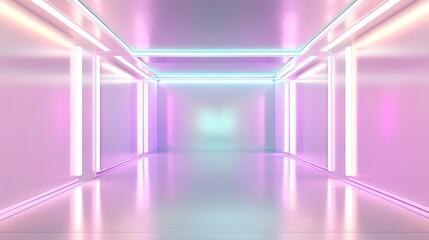 Fototapeta premium Futuristic Corridor With Neon Lights And Reflective Floor