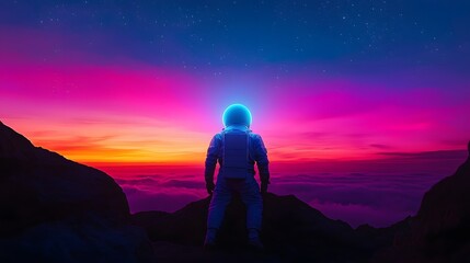 Fototapeta premium Lone Astronaut Gazing at Cosmic Kaleidoscopic Horizon in Retro-Futuristic Dreamscape