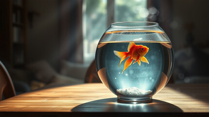 A vibrant orange goldfish gracefully swims in a crystal-clear glass bowl, a miniature underwater world,  A photo of a goldfish bowl on a wooden table with a simple background