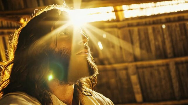 Jesus Christ in the ancient tabernacle with  Sunlight shine through the roof