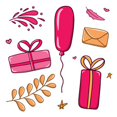A pink gift box, a red balloon, a pink heart, and various abstract shapes and splashes in pink and red colors, along with some stars. a set of isolated elements for birthday, February 14th, and other 
