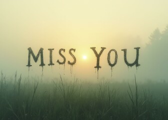 MISS YOU written in faint ink, drifting across a foggy meadow at dawn, with dew covered grass below