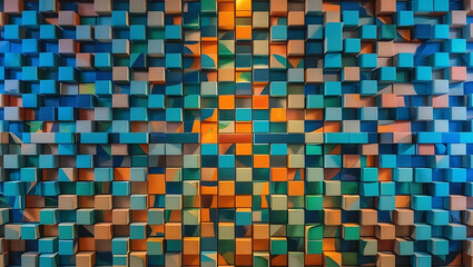 Fototapeta premium A dynamic 3D wall of colorful cubes in shades of blue, orange, and green, creating a visually striking and intricate geometric pattern.