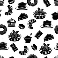 Stylish Food Illustration with Sweets and Pastries. Seamless Pattern of Desserts on Pink Background. Black and White Pastry Illustration with Pink Background. 