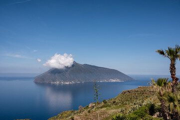 View of the islands of Alicudi and Filicudi from Lipari in the Aeolian Islands archipelago in Sicily