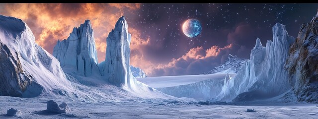 A dramatic view of a hidden glacier with rare ice spires and a spectacular planetary conjunction casting an otherworldly glow over the icy landscape, Glacier scene, Conjunction style