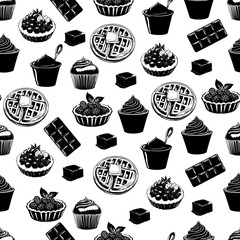 Stylish Food Illustration with Sweets and Pastries. Seamless Pattern of Desserts on Pink Background. Black and White Pastry Illustration with Pink Background. 