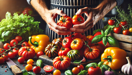 A chef in a striped apron carefully arranging fresh, colorful tomatoes on a kitchen countertop, 