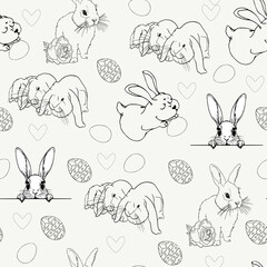 PrintPastel Easter Pattern with Rabbits, Chicks, and Hearts. Seamless Bunny and Chick Design with Colorful Eggs
Hand-Drawn Animals and Hearts Pattern in Pastel Colors