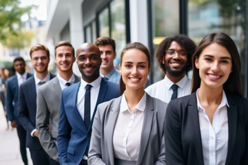 Group of smiling multi ethnic businesspeople standing in a row outdoors in the city
