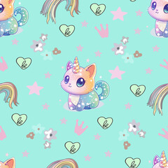 Seamless Pattern with Rainbow Cats and Unicorns. Cute Pastel Unicorn Cats and Melting Rainbows. Adorable Kawaii Caticorns with Stars and Rainbows