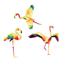 Flying flamingo in colorful polygonal low poly set. Colorful Abstract triangle vector of flamingo set. Walking flamingo for kids animal book