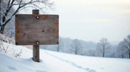 Naklejka premium Blank Wooden Signpost in Snowy Winter Landscape, Perfect for Your Message