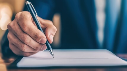 A close-up of a business man hand holding a pen, poised above a blank sheet of paper, suggesting writing or signing a document in a professional setting.