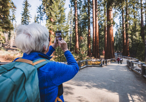 Elderly woman takes cell phone picture while hiking in California
