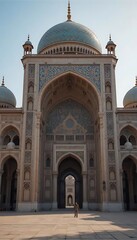 Grand Mosque Entrance:  Serene Beige Architecture with Intricate Blue Tilework