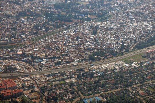 The Kibera slum in Nairobi (center) seen from the air.