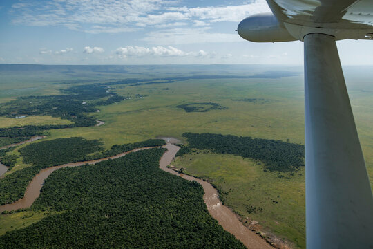 The Mara River in Kenya photographed from a safari bush plane.