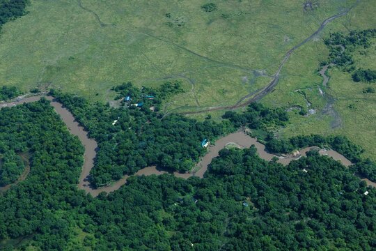 The Mara River in Kenya photographed from a safari bush plane.