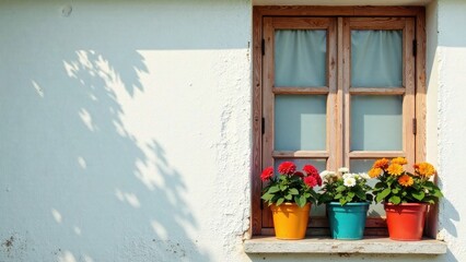 Vibrant Blooms in Colorful Pots Adorn Rustic Wooden Window Sill Against a Weathered White Wall in Sunny Light