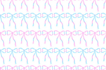 Elegant pink blue bows Coquette seamless pattern. Wavy curly ribbons in trendy, vintage styles. Perfect for holiday, wedding, birthday decoration, party card, greeting cover. Cute background