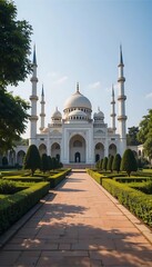 Serene White Mosque: Architectural Majesty in a Tranquil Garden