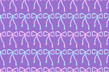 Pattern with pink blue bows. Seamless pattern for girl, coquette core design. Trendy patterned girly backdrop. Holiday, birthday, valentines day clipart. Wrapping paper, social media, coquette banner