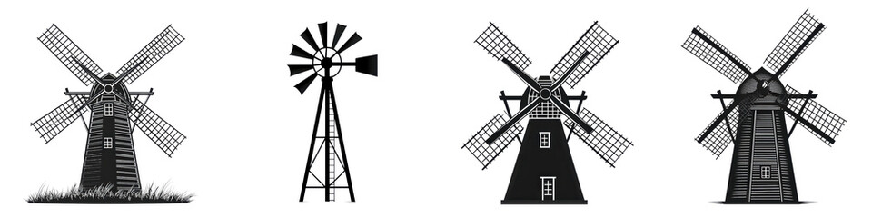 Fototapeta premium Collection of traditional and modern wind turbine or windmill silhouettes set against a minimalist monochrome rural landscape background Renewable energy eco friendly and sustainable power concepts