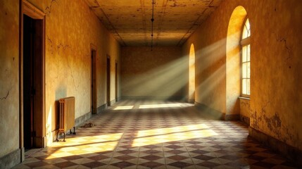 Fototapeta premium Sunbeams Illuminate a Desolate, Aged Corridor with Diamond-Patterned Floor and Antique Radiator
