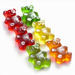 Delicious gummy bears are lying on a white surface and waiting to be eaten
