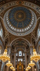 Fototapeta premium Ornate Mosque Dome: Golden Chandeliers and Celestial Blue