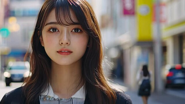 Portraits of an young Japanese woman at shopping street, A girl with gentle smile happy vibes
