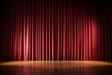 Closed Red Curtain on Wooden Stage with Warm Lighting.