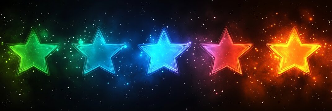 Radiant Five-Star Review: Glowing, multicolored stars illuminate a dark background, symbolizing excellence, top ratings, and exceptional quality. Perfect for app reviews, customer feedback.