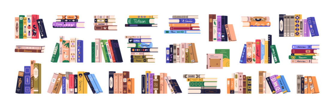 Books set. Novels and education literature for reading. Library, encyclopedia, dictionary rows and stacks, cover spines for knowledge and study. Flat vector illustration isolated on white background