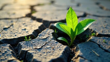 A resilient sprout emerges from cracked earth, symbolizing perseverance and the strength of life in challenging conditions.