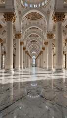 Obraz premium Grand Mosque Interior: Serene Marble Hallway with Golden Columns