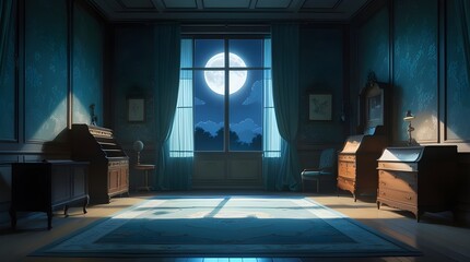 Serene Vintage Room in Anime Style Capturing the Elegance of a Moonlit Night Scene