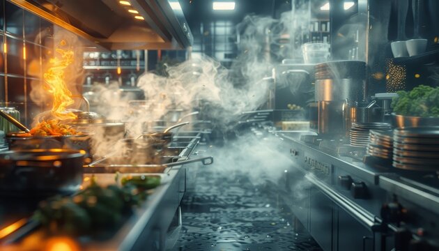 A commercial kitchen with smoke and fire emanating from a pot on the stove, highlighting the busy nature of a restaurant kitchen.