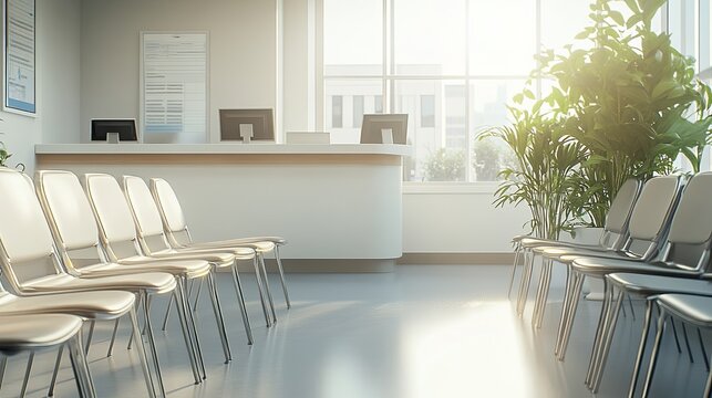  Serene and Anticipatory Medical Clinic Waiting Room with Rows of Chairs, Reception Desk, and Natural Light Streaming Through Large Window. A Tranquil Space for Patients and Visitors.