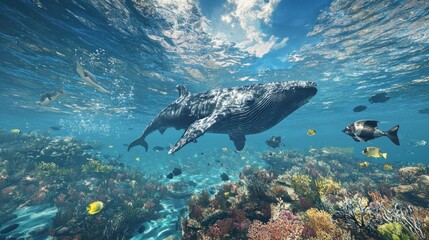Fototapeta premium Majestic Humpback Whale Gracefully Swimming Through Vibrant Coral Reef