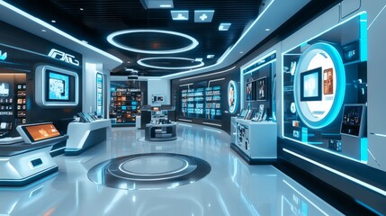Sleek electronics store with a futuristic feel, showcasing the latest in AI-driven gadgets and smart technology, with clean, sharp lines