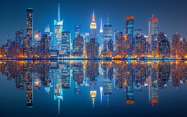 Fototapeta premium Night cityscape panorama with perfect reflection.
