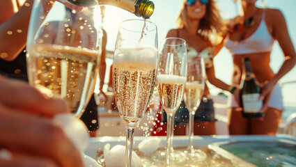 Group of friends having fun together and drinking champagne while sailing in the sea on luxury yacht celebrating the New Year