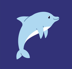 Dolphin, cute marine animal. Happy aquatic fauna, mammal swimming underwater in ocean, under sea water. Adorable kawaii tropical baby fish character undersea. Flat vector illustration