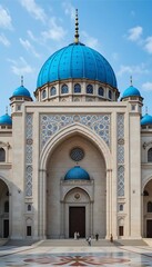 Fototapeta premium Majestic Blue-Domed Mosque: Elegant Facade and Intricate Details
