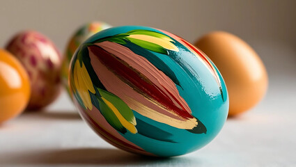 A beautifully hand-painted egg adorned with vibrant flowers in shades of pink, yellow, and white, set against a soft, neutral background.