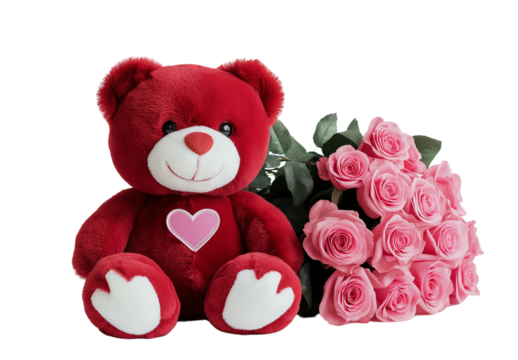 30 cm red teddy bear with white paws and a heart on the feet, sitting in front of a bouquet of pink roses