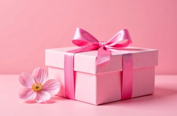 Obraz premium Holiday pink background with gift, white satin bow, ribbon. Valentine's Day, Happy Women's Day, Mother's Day, Birthday, Wedding, Christmas. space for text, banner, flyer
